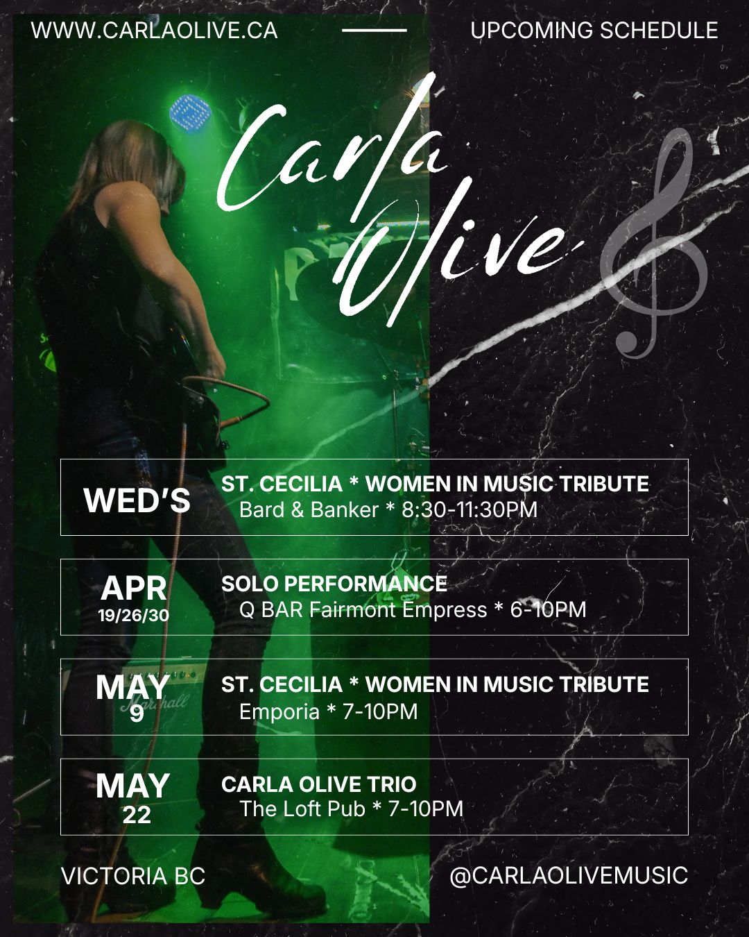 Live Music Coming Up! 

Hi Friends!  I’m so excited to share a few upcoming shows where you can catch me performing originals + powerful covers. Whether it’s intimate solo sets or full high-energy harmonies with @st.ceciliawomeninmusic, or full-on rock show with my Trio, there’s something for everyone! 

Hope to see you kickin' around! ❤

#victoriabc #livemusic #poprock #singersongwriter