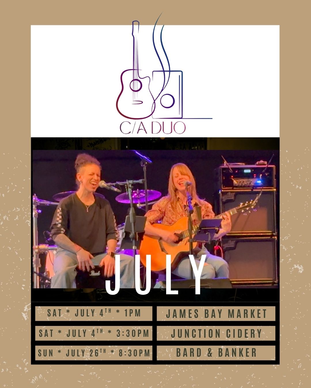 @amberdactyl  and I are excited to bring you a few C/A DUO shows at some really cool venues in July for you to check out! 

Saturday * July 4th * 1PM: @jamesbaymarket 
Saturday * July 4th * 3:30PM: @junctionvictoria 
Sunday * July 26th * 8:30PM: @bardandbanker 

Come and hang out with us!

#summervibes #livemusic #victoriabc