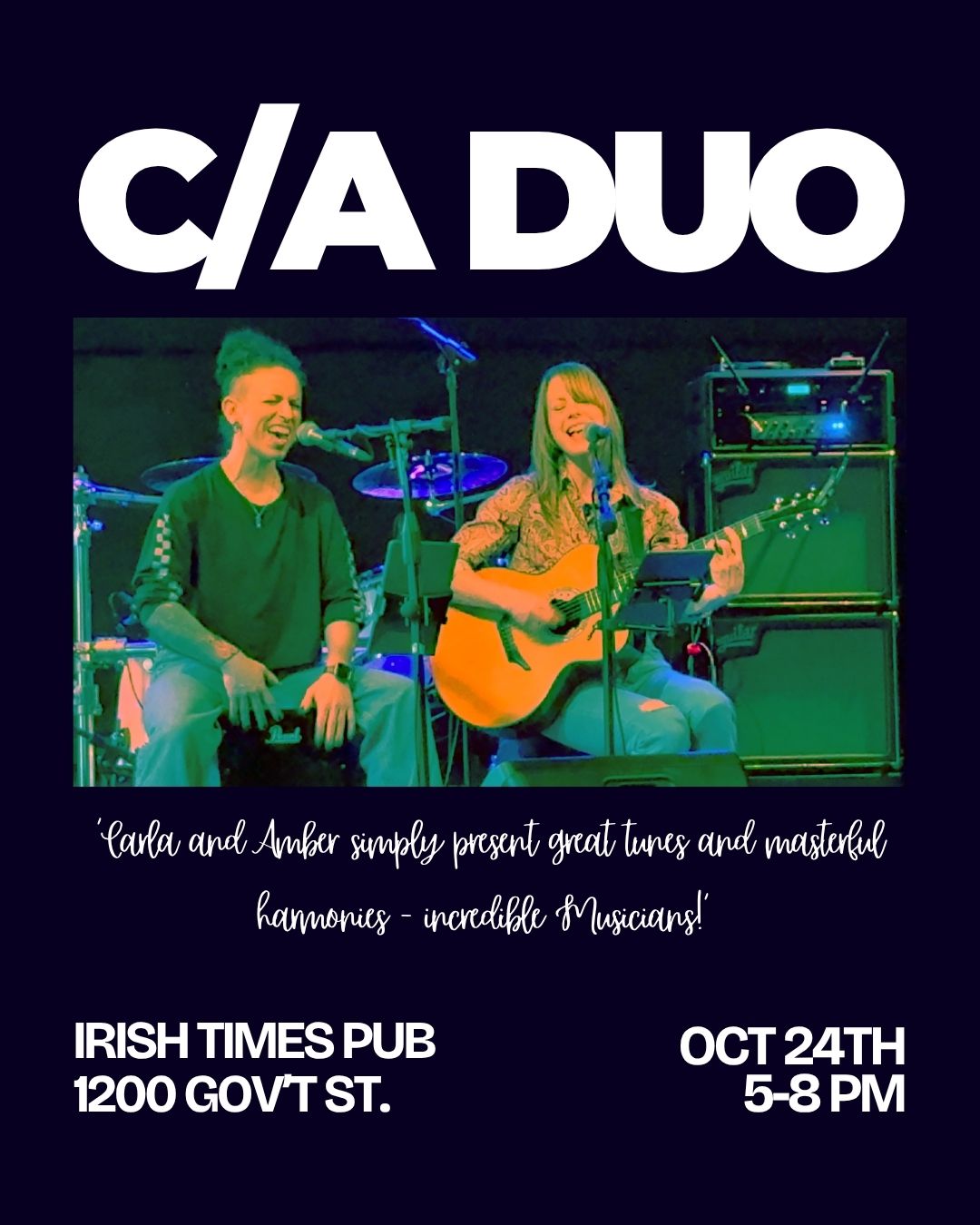 Join us for Happy Hour at Irish Times! 🍻🎶

Come sing along to some of our favourite pop/rock tunes and jump in on those soaring harmonies - share some HAPPY with us! 

Saturday, October 24th * 5-8PM
Irish Times Pub * 1200 Government St.

#happyhour #victoriabc #acousticduo