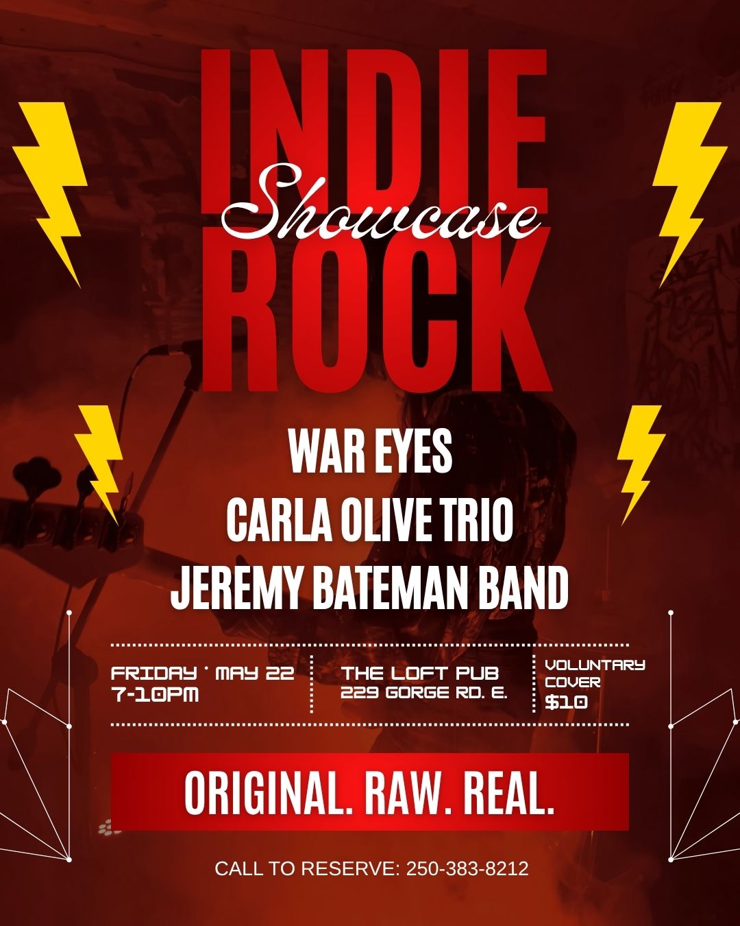 Introducing @wareyesband - one of the bands joining The Carla Olive Trio for the Indie Rock Showcase!

WAR EYES delivers urgent, melodic, guitar-driven songs with grit and heart. The band blends textured guitars, dynamic rhythms, and emotionally charged vocals into a sound that feels both raw and anthemic.

Check out this cool video: https://youtu.be/Fir3IKJmZcs?si=yN0nqvXAJ4rTDwrr

Come discover your next favourite local band, connect with fellow music lovers, and experience an evening built around authentic indie rock energy.  Stay tuned as we continue highlighting the artists featured on this incredible bill!

FRIDAY * MAY 22ND * 7-10PM 
THE LOFT PUB * 229 Gorge Rd. E.
Voluntary Cover $10
Reservations recommended: 250-383-8212 

#indiemusic #originalmusic #victoriabc